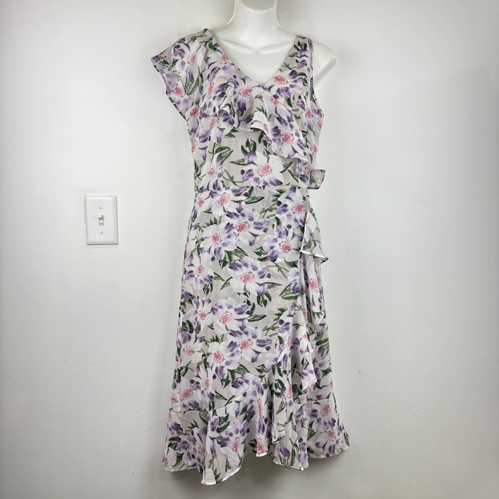 Ricki's White and Purple Floral Asymmetrical Sundress with Ruffled High-Low Hem